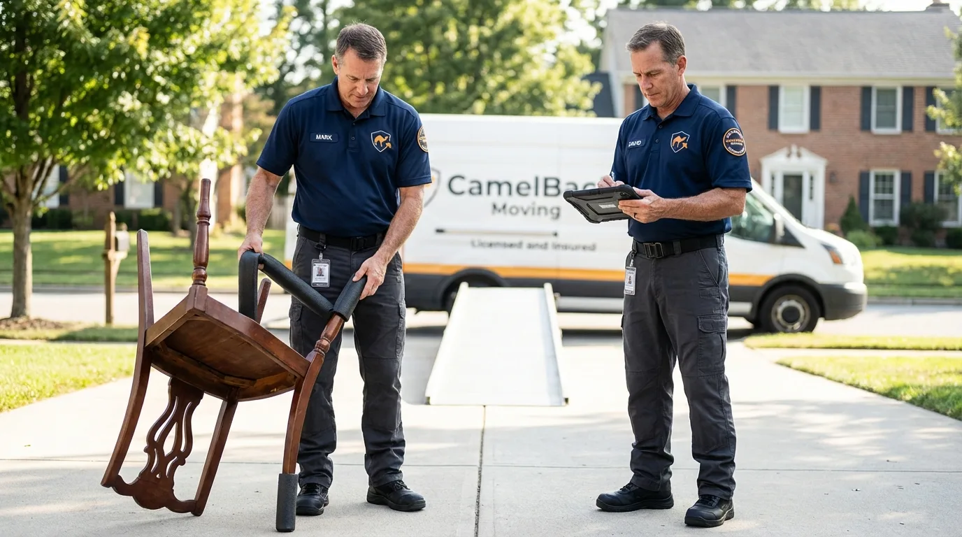 Movers inspecting furniture for damage prevention before loading in Masontown, PA
