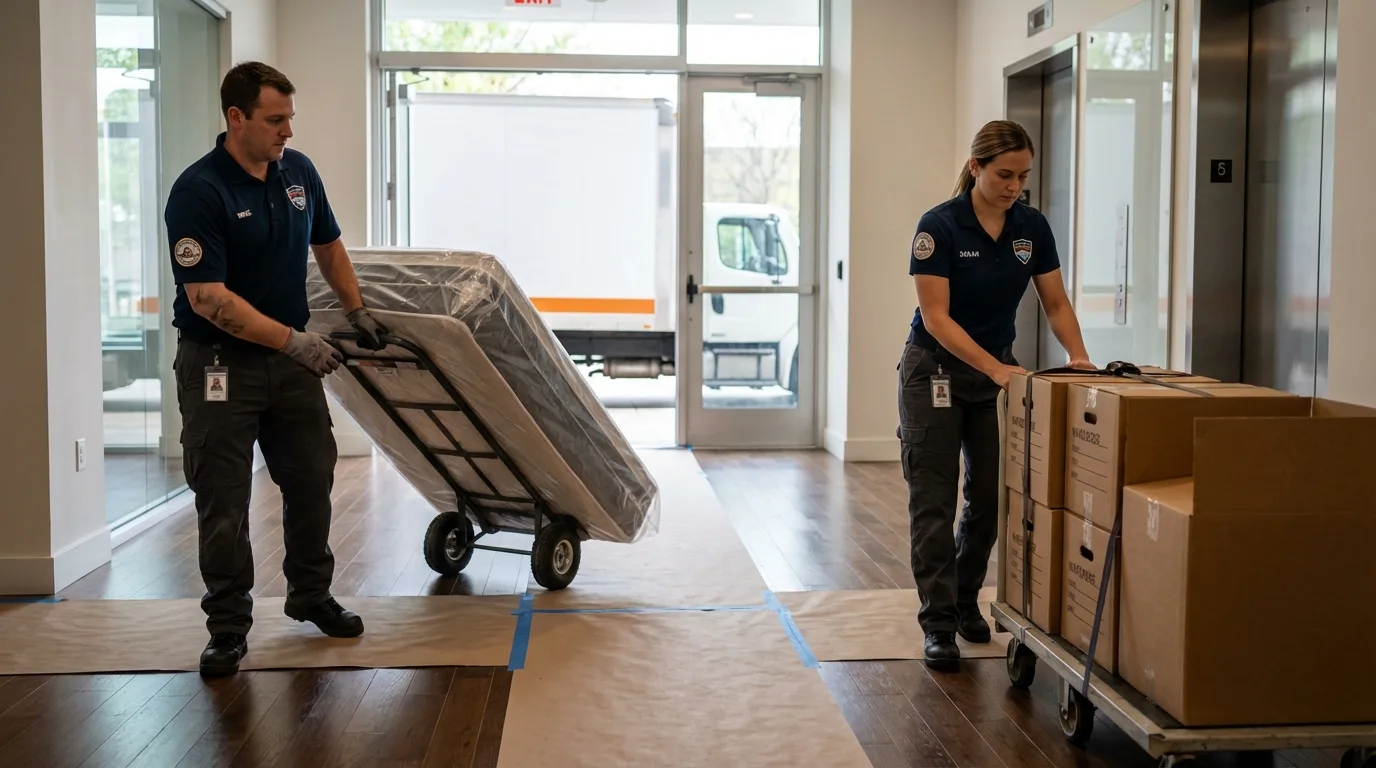 Professional apartment movers loading elevator in Masontown, PA