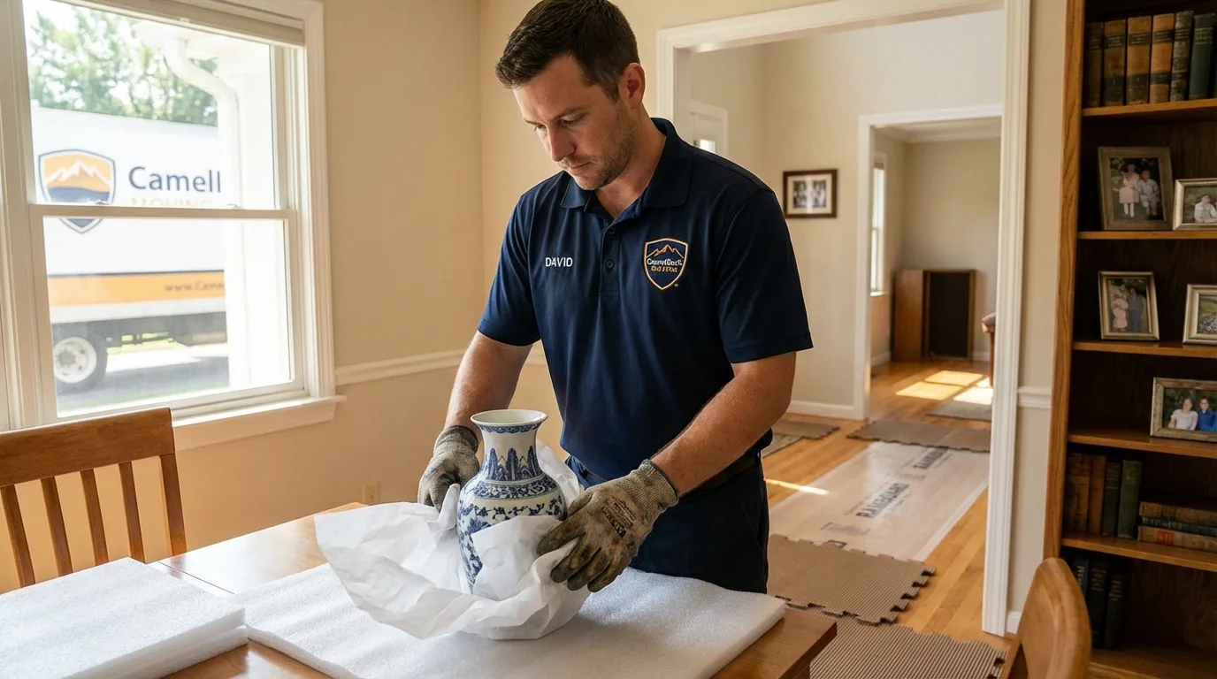 Professional crew carefully wrapping antique vase for senior downsizing move in Masontown, PA
